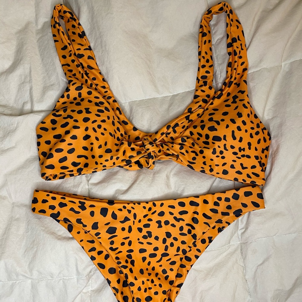 orange and black print bikini